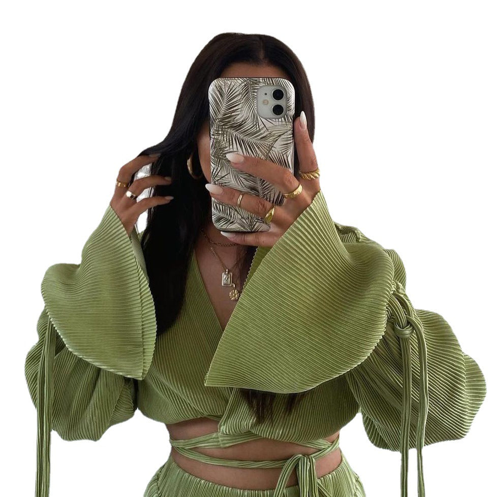 Sexy Green Pants Set Women Casual Loose Bandage Blouses Shirt Matching