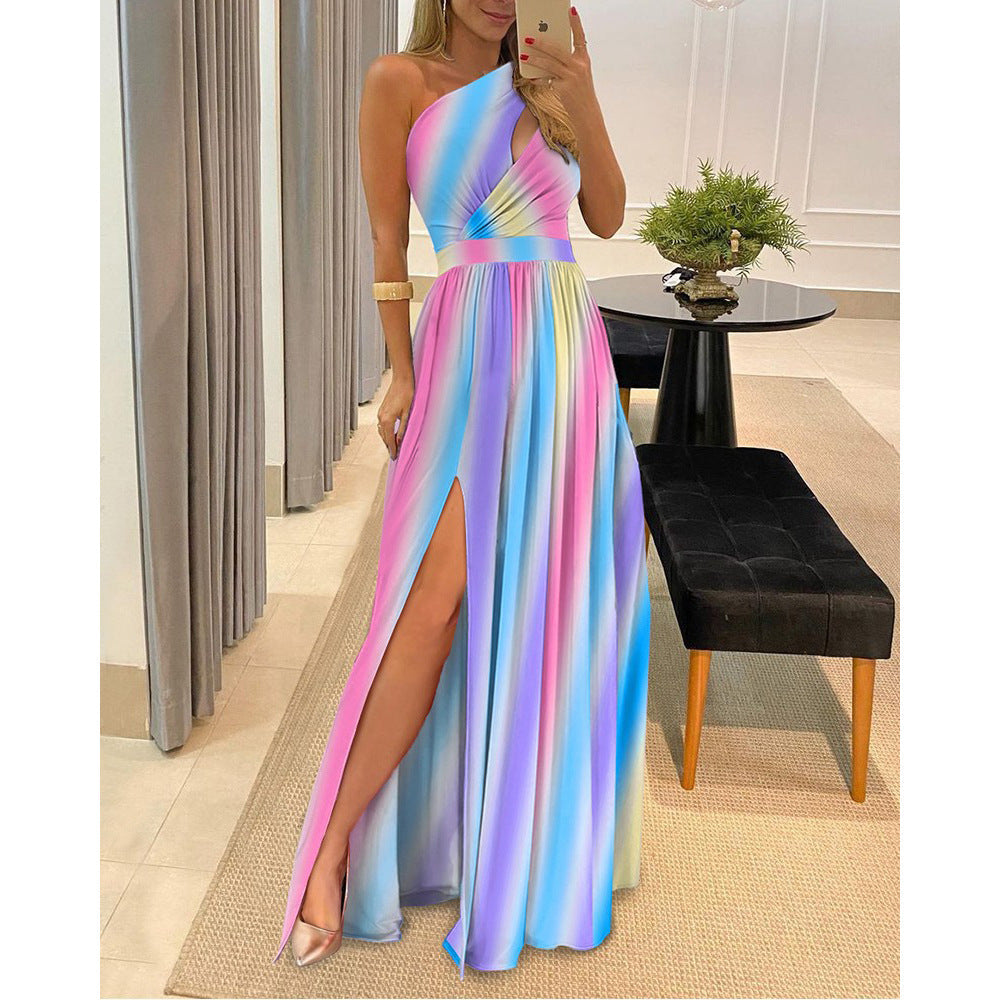  Printed Off-Shoulder High-Waisted Split Maxi Dress