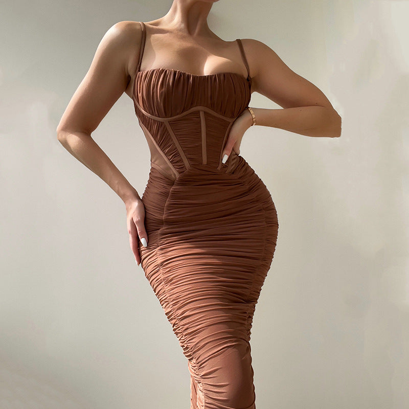 Bodycon High Waist Pleated Long Dress