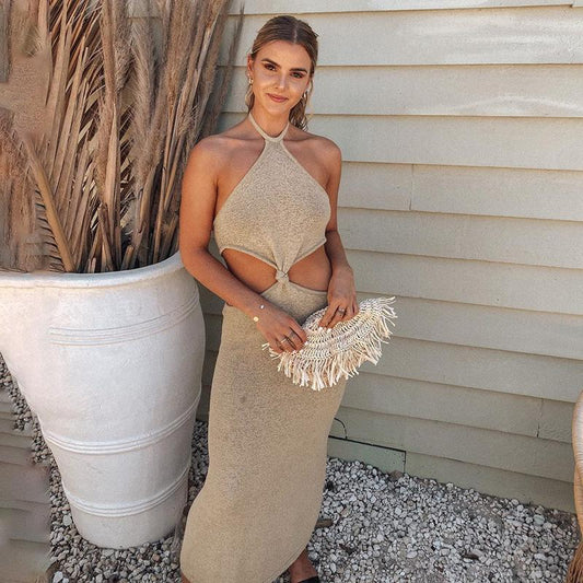 Womens Sexy Knitted Cut Out Spaghetti Strap Long Dresses