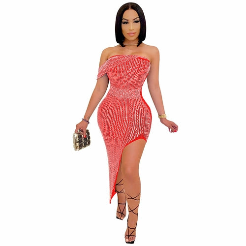 Women Sexy Spaghetti Strap Mesh See Through Rhinestone Bodycon Party