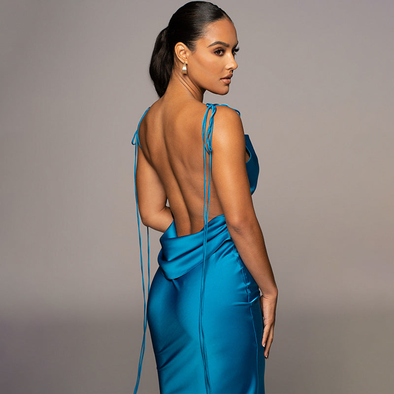 Sexy Backless Bodycon Solid Color Dress with Tie Straps