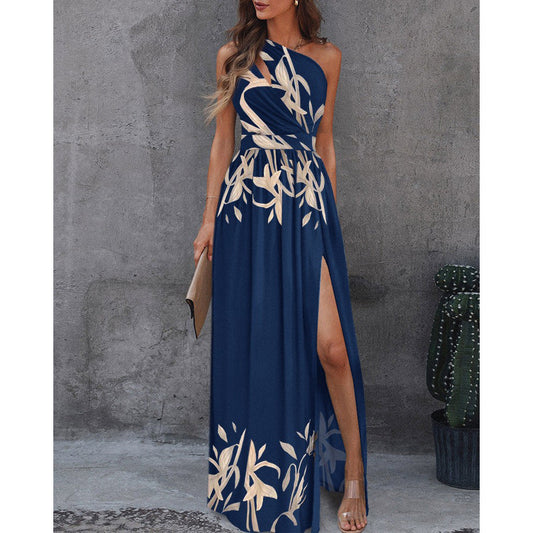  Printed Off-Shoulder High-Waisted Split Maxi Dress