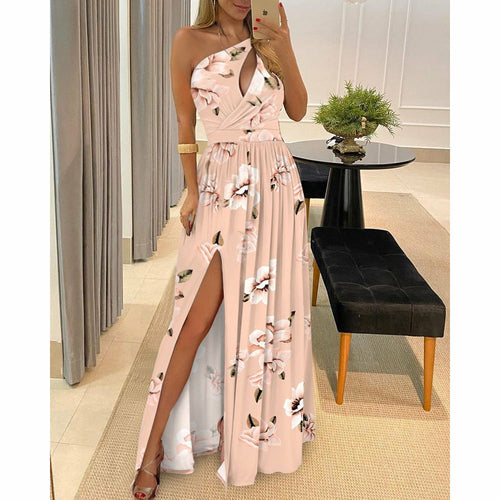  Printed Off-Shoulder High-Waisted Split Maxi Dress