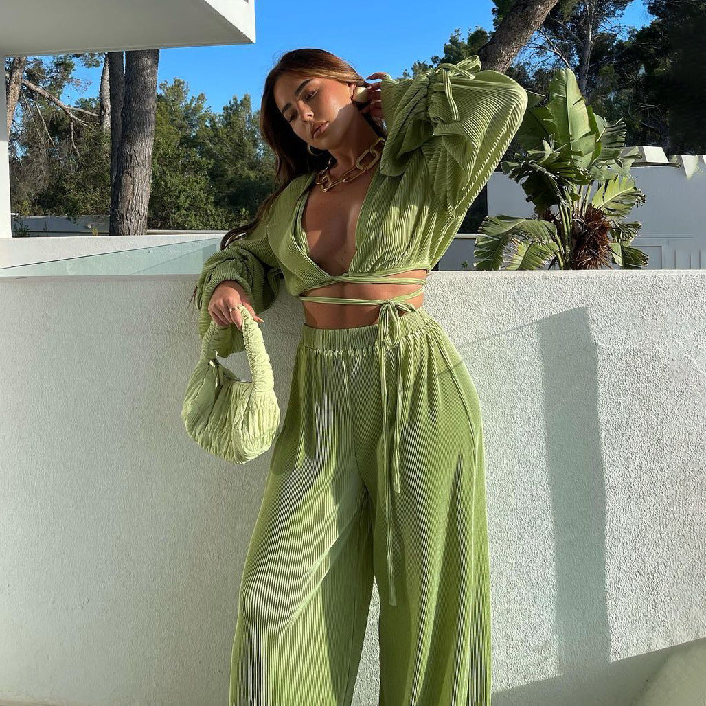 Sexy Green Pants Set Women Casual Loose Bandage Blouses Shirt Matching