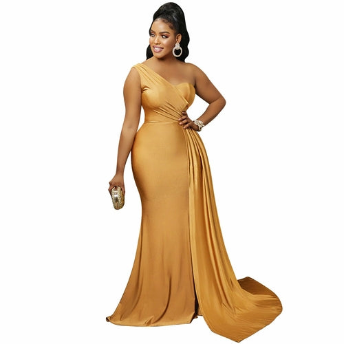 Solid Color Bodycon One-Shoulder Sleeve Long Dress for Women