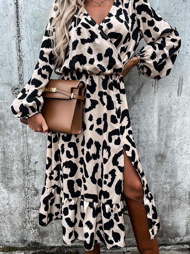 Long Sleeve V Neck Leopard Midi Dress