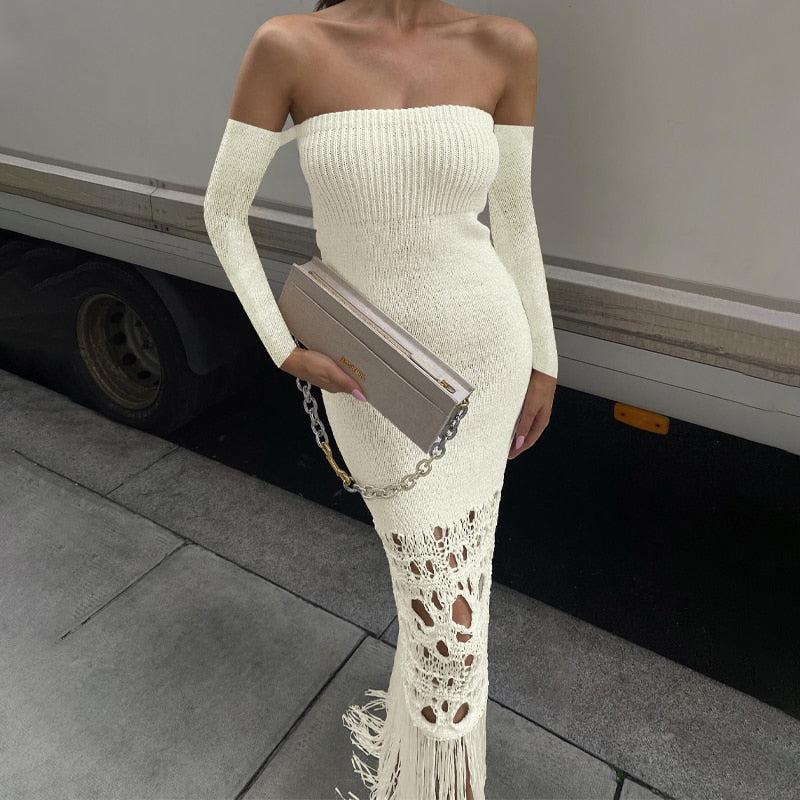 Knitted Tassel Y2K Long Sleeve Backless Tube Bodycon Maxi Dress