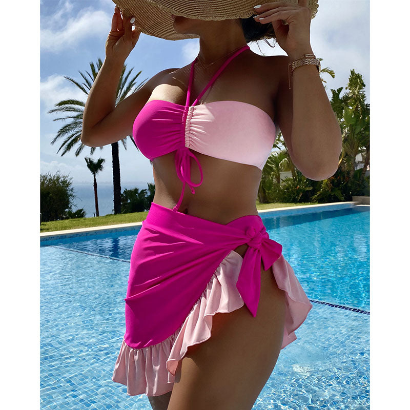 Colorblock 3 Piece Bikini With Ruffle Skirt Sexy Drawstring Swimsuit