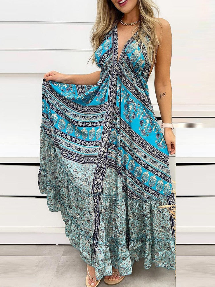 Tribal Print Backless Maxi Dress