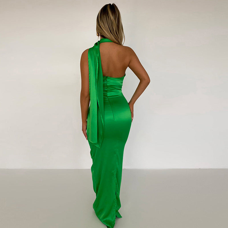 Satin Backless Maxi Dress Gown Halter Sleeveless Backless Bodycon Long