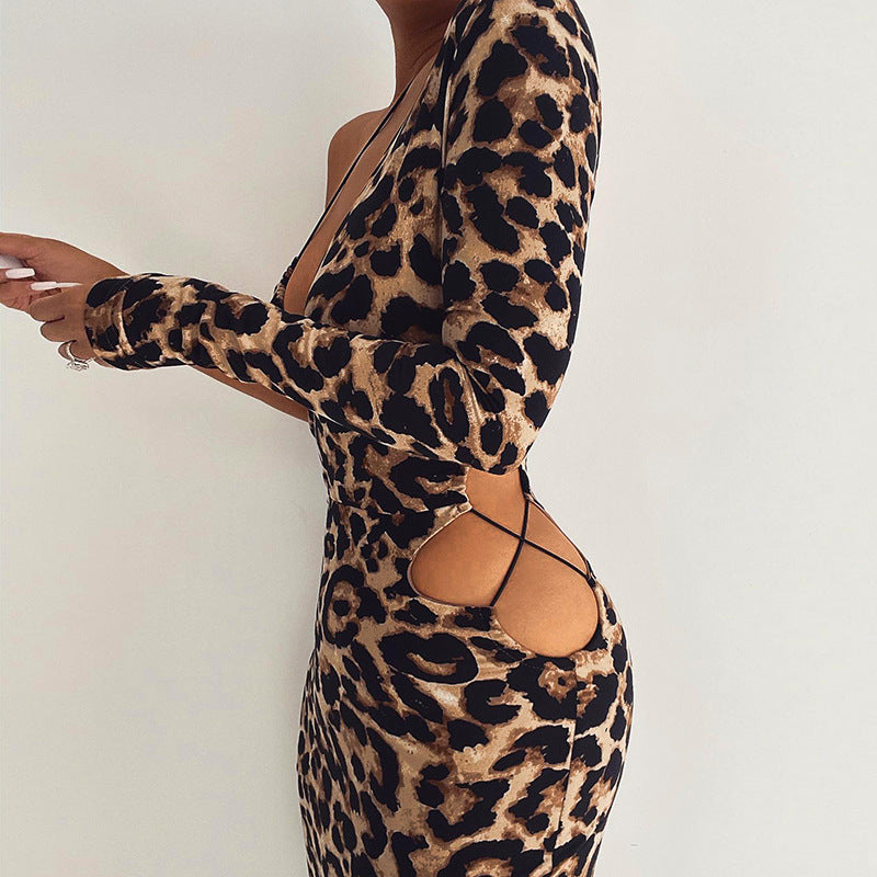 Sexy Bandage Cut Out Leopard Print Midi Dress