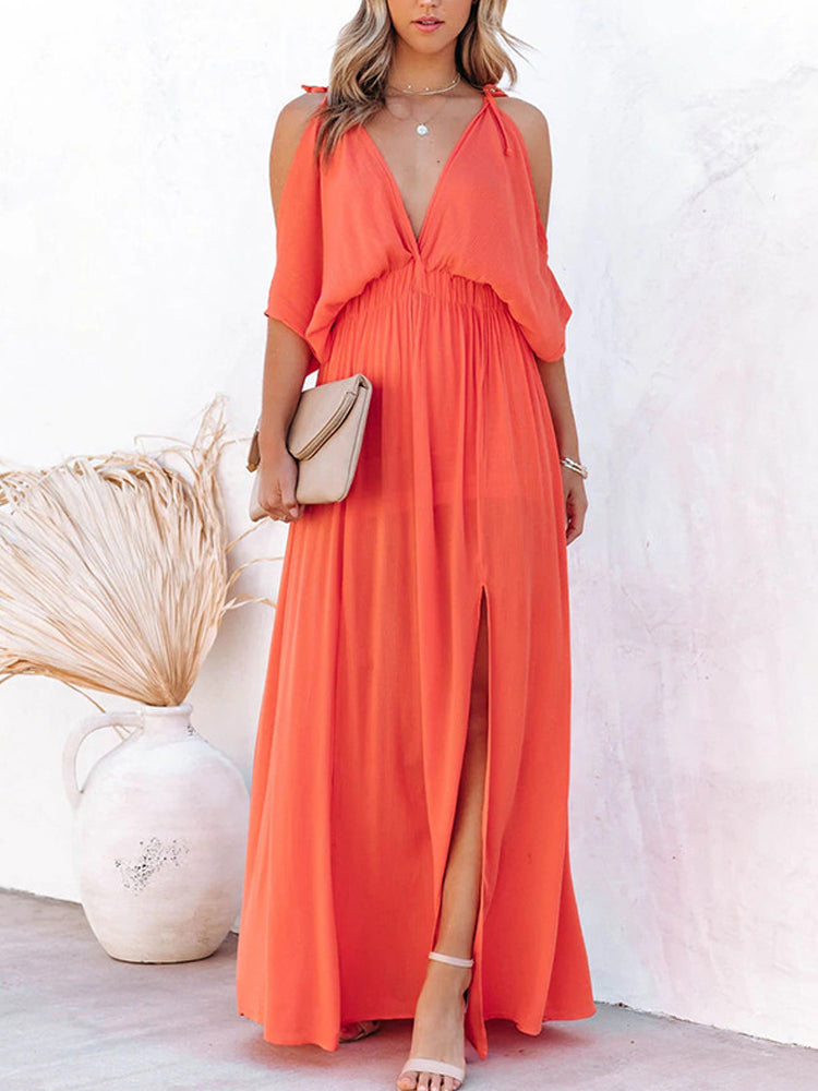 Hollow Half Sleeve Solid Loose Backless Party Long Dress