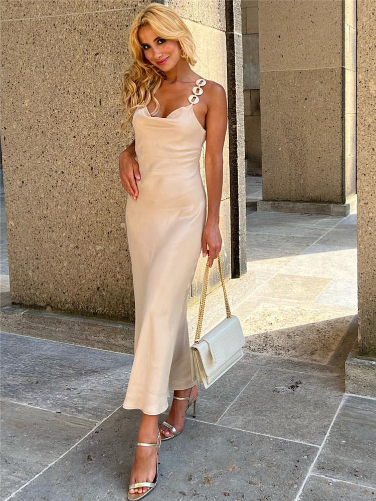 Golden Satin Sling Long Dress