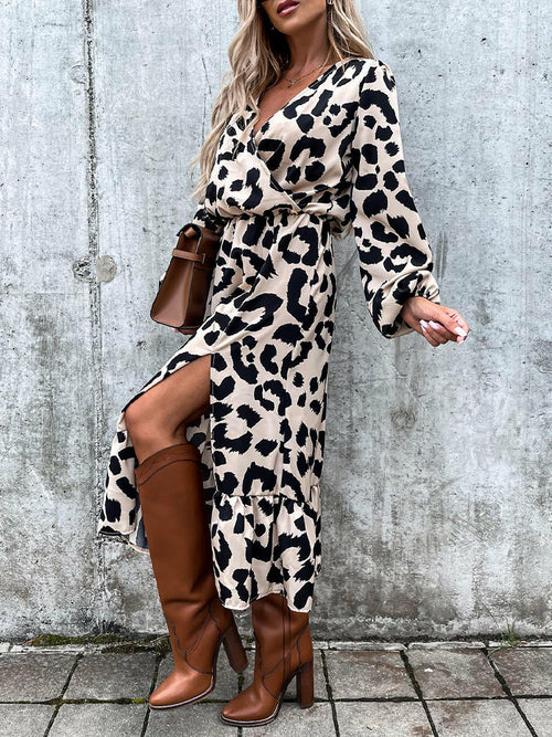 Long Sleeve V Neck Leopard Midi Dress