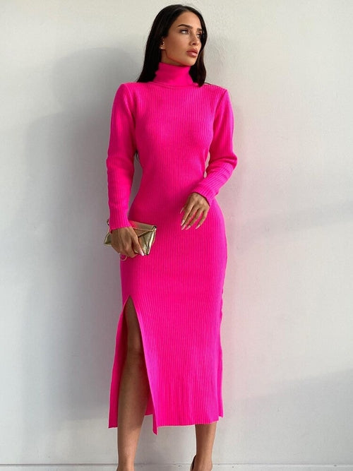 Women's Knitted Turtleneck Split Dress Sexy Long Sleeve High Neck Full