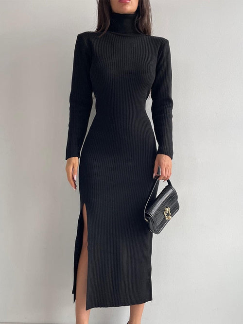 Women's Knitted Turtleneck Split Dress Sexy Long Sleeve High Neck Full