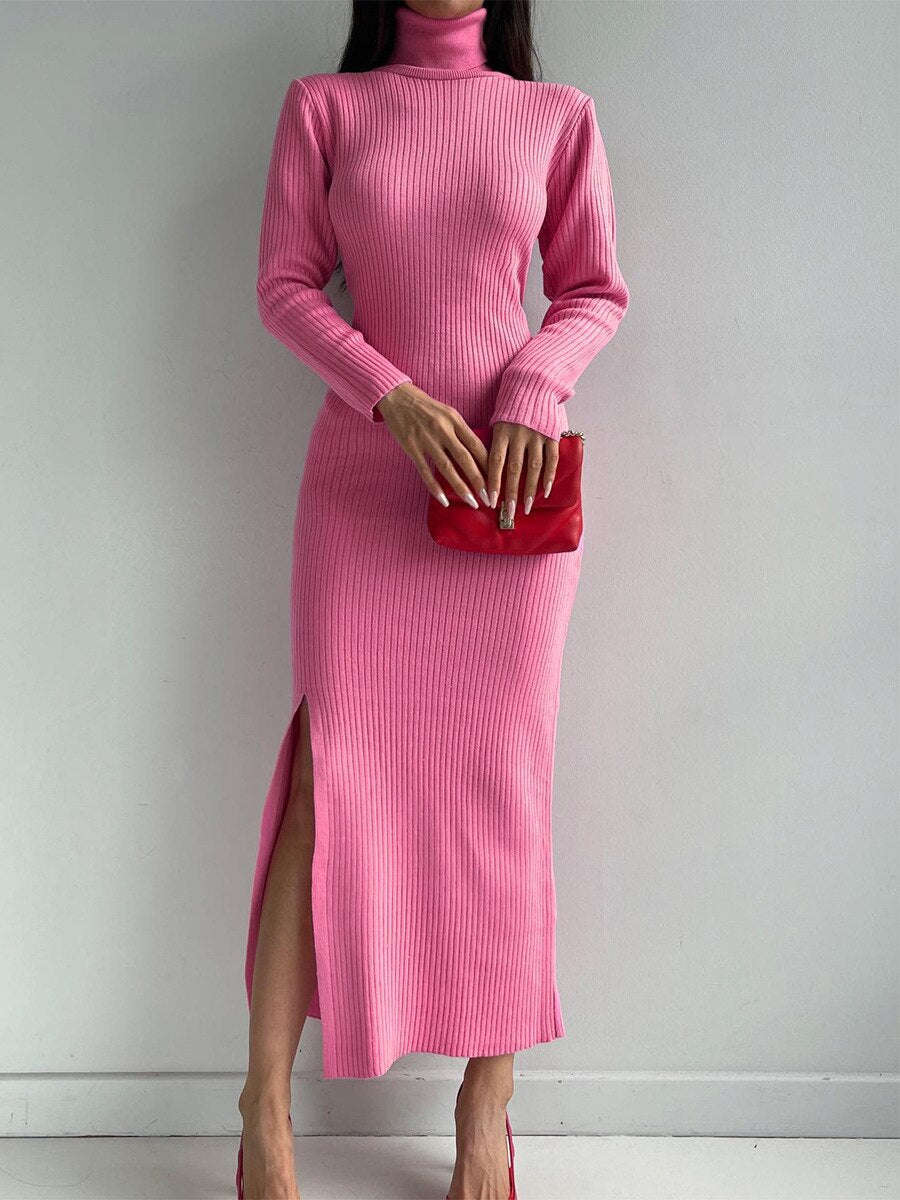 Women's Knitted Turtleneck Split Dress Sexy Long Sleeve High Neck Full