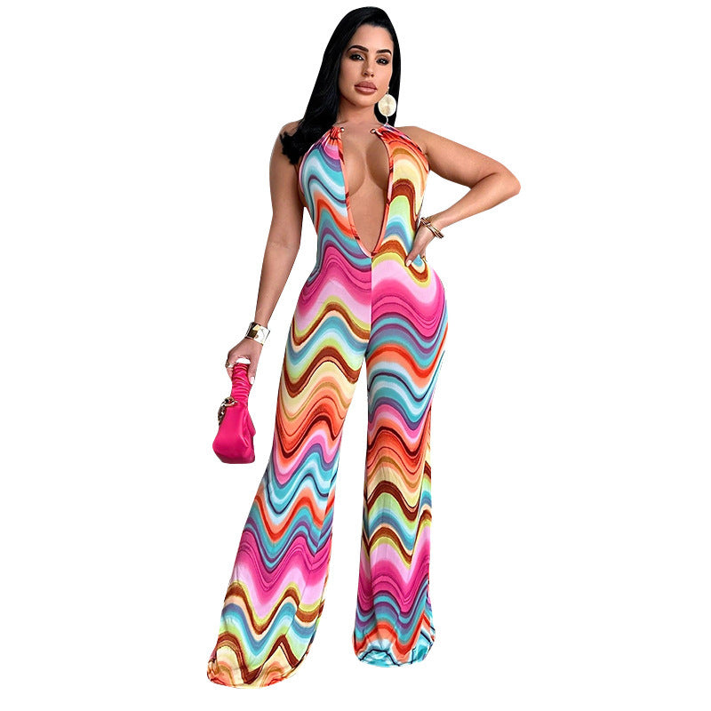 Multicolor Wave Deep V Bare Back High Waist Casual Pants