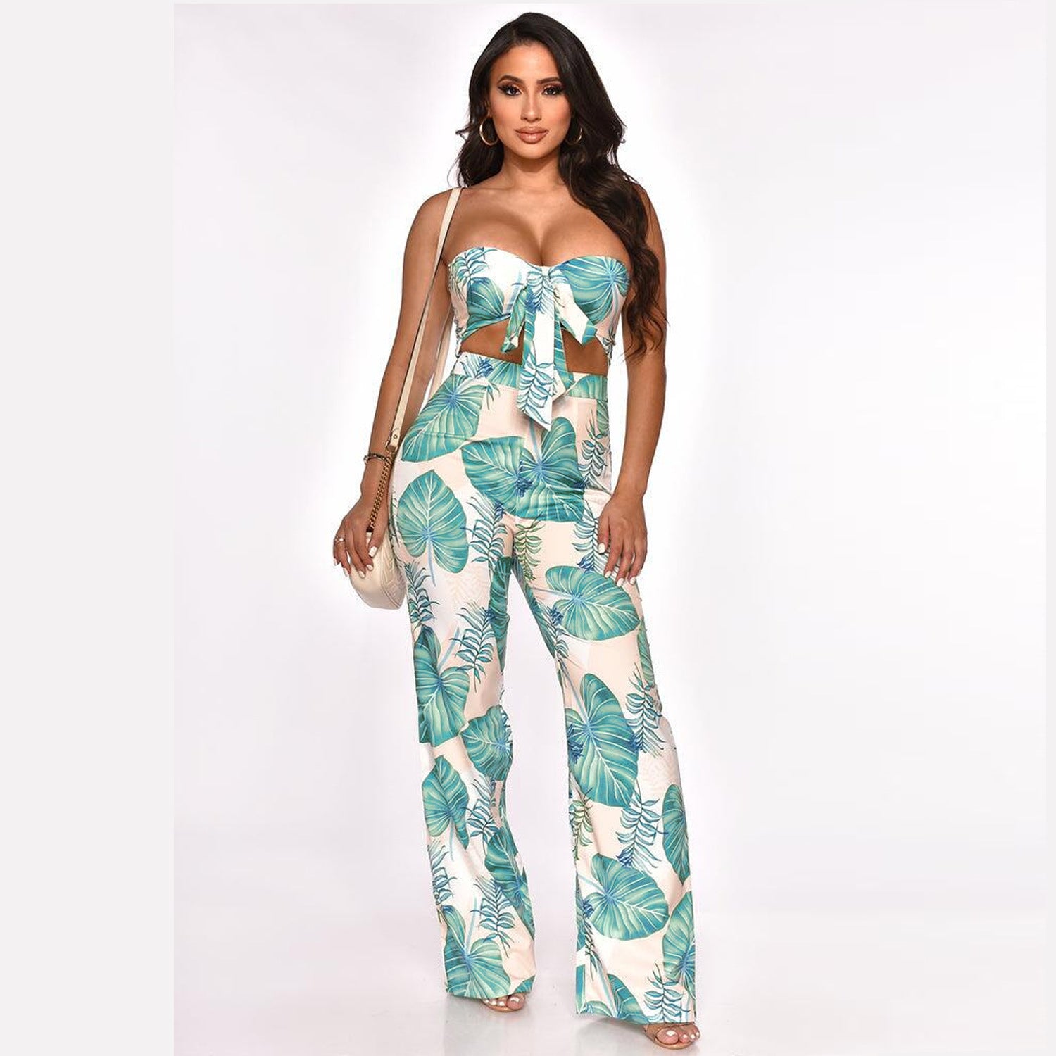 European And American Print Wrap Chest Jumpsuit Nightclub Outfit