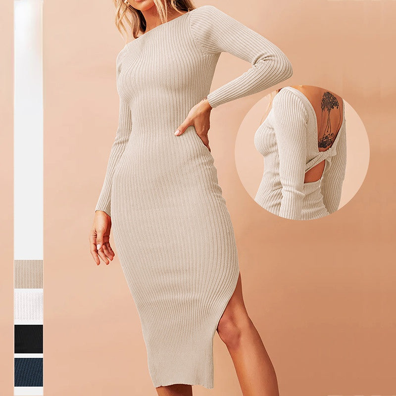 Ribbed Long Sleeve Bodycon Dress with Front-to-Back Reversible Design