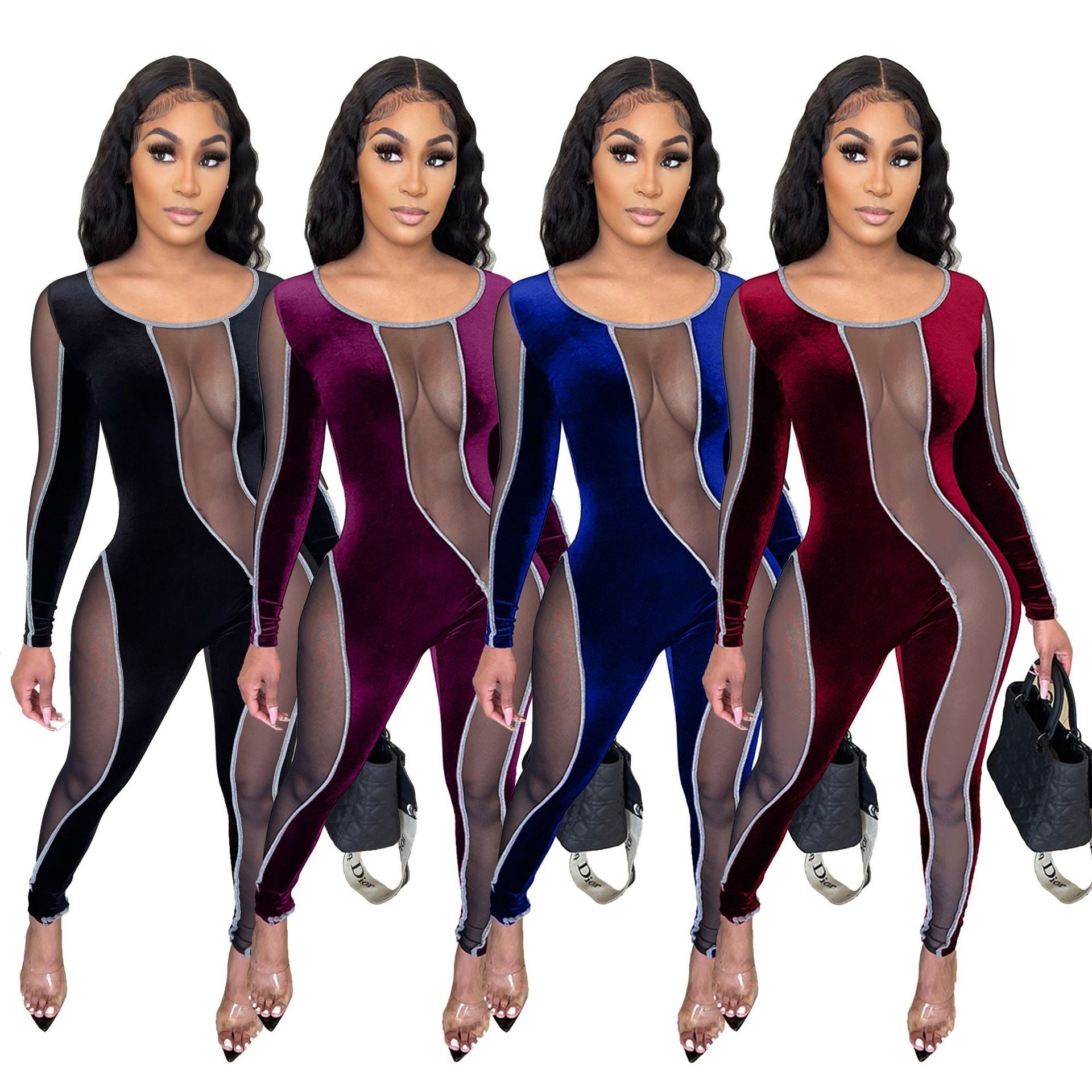 Women's Mesh Stitching Sexy Slim-fit Jumpsuit