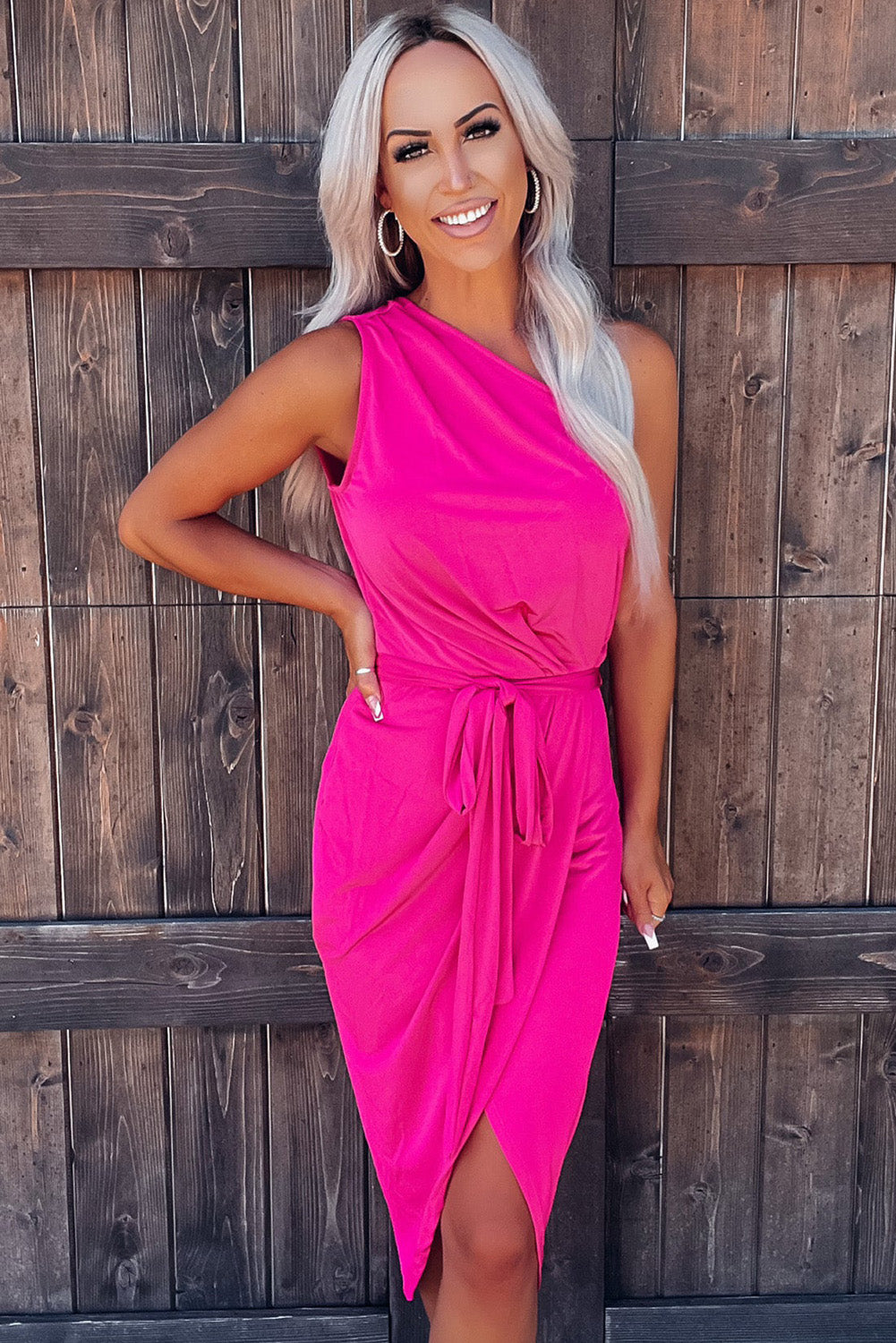 Rose Tie Waist One Shoulder Tulip Wrap Dress