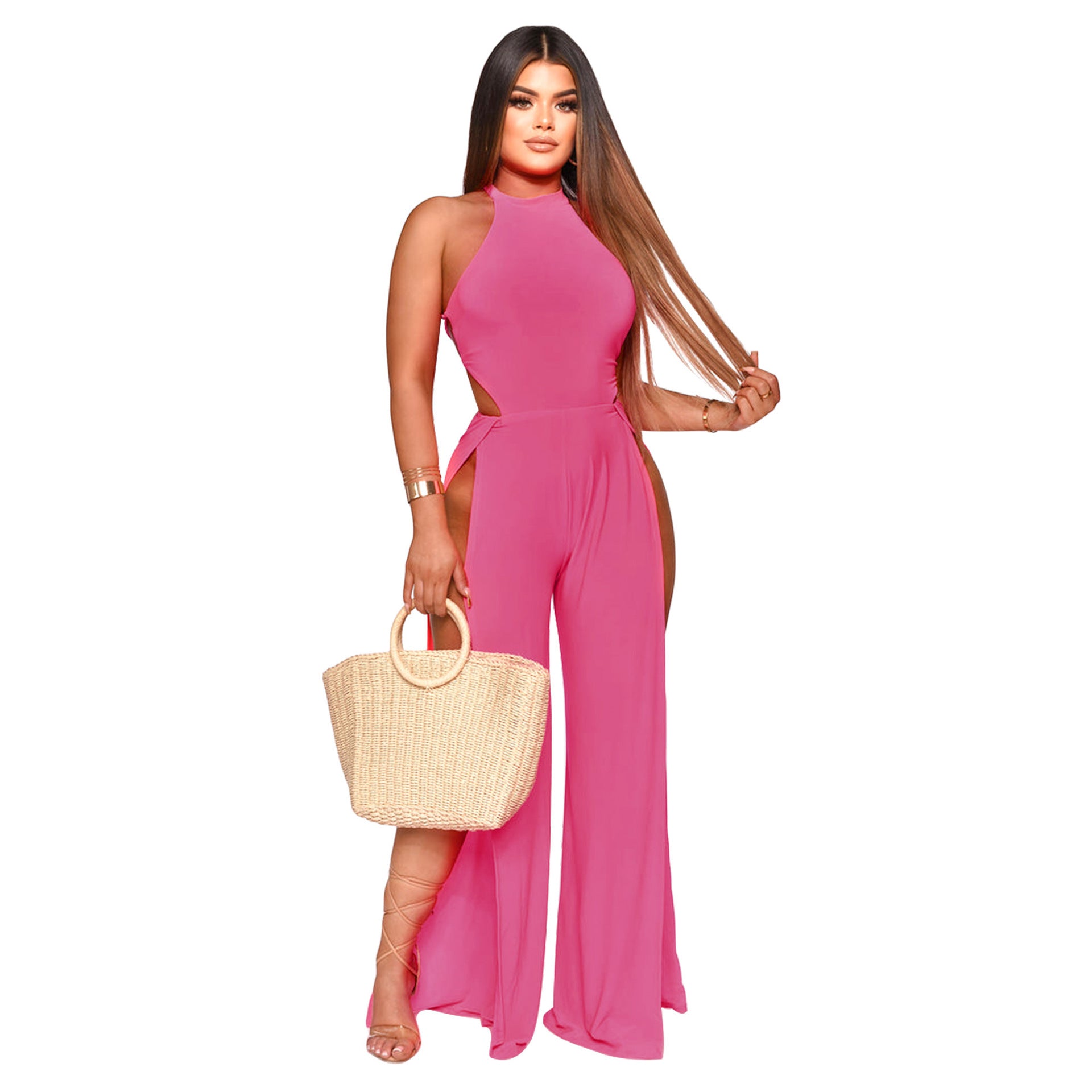 Lace-up Back Jumpsuit Split Leg Casual Trousers Women