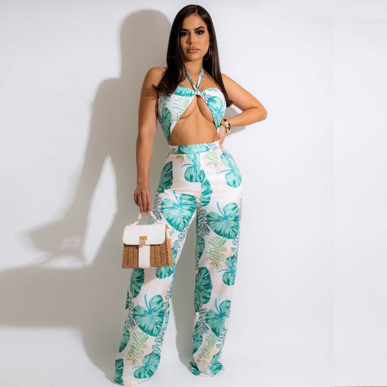 European And American Print Wrap Chest Jumpsuit Nightclub Outfit