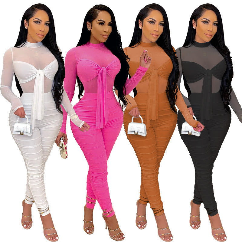 Long-sleeved Tight-fitting Lace-up High-stretch Sexy Nightclub Net Gauze Jumpsuit