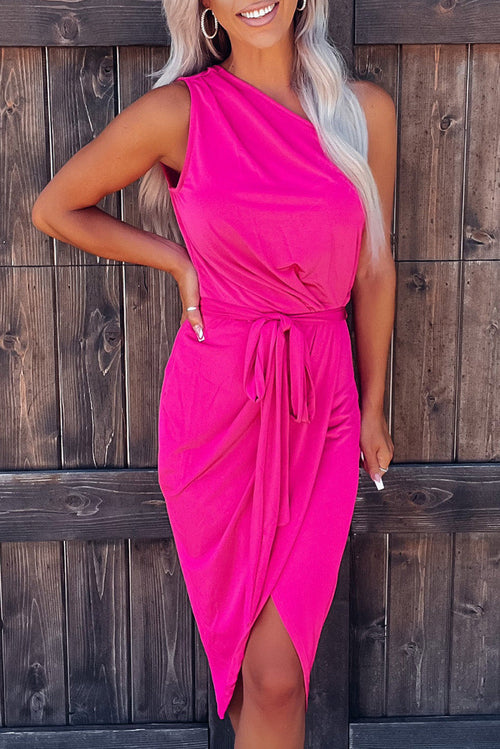 Rose Tie Waist One Shoulder Tulip Wrap Dress