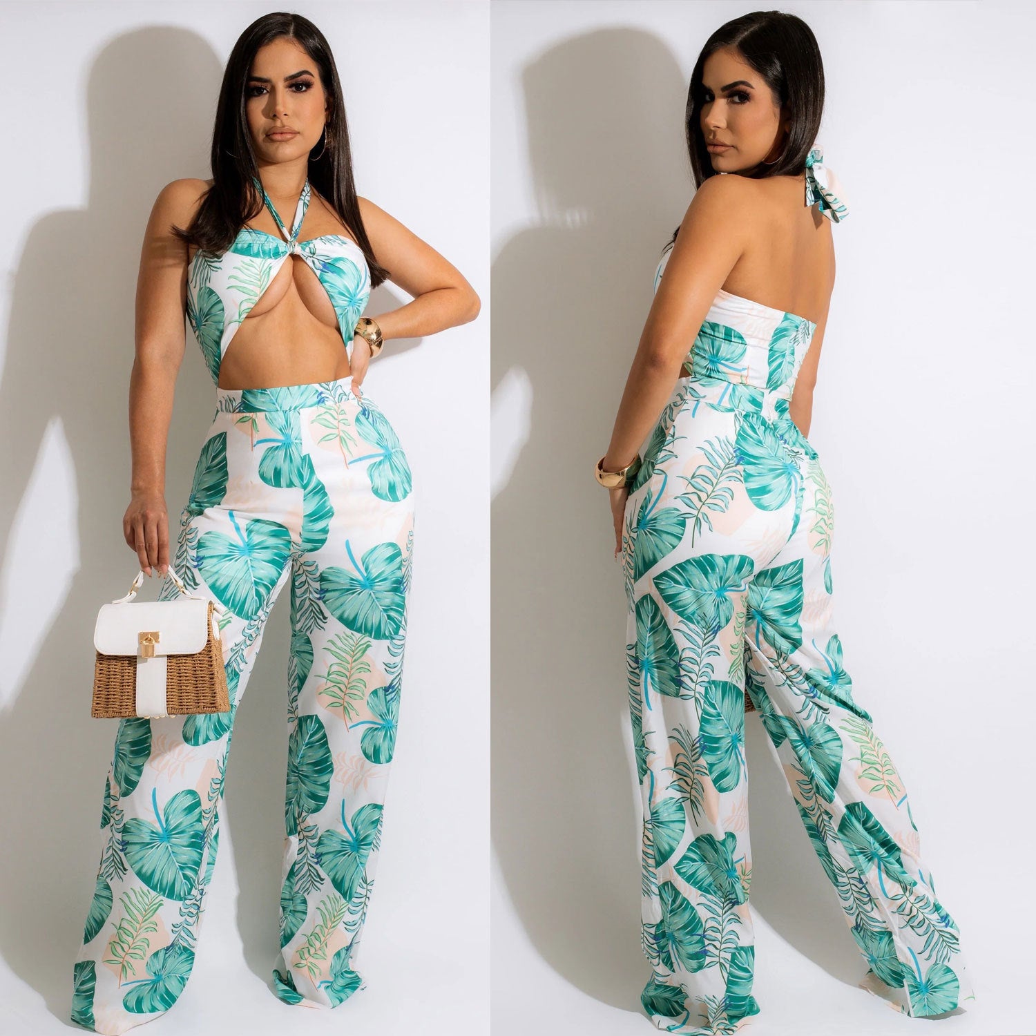 European And American Print Wrap Chest Jumpsuit Nightclub Outfit