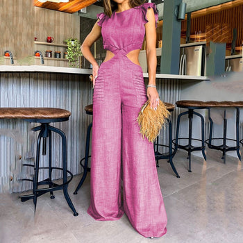 Hollow Out Open Waist Wide Legs Loose Long Pants Jumpsuit