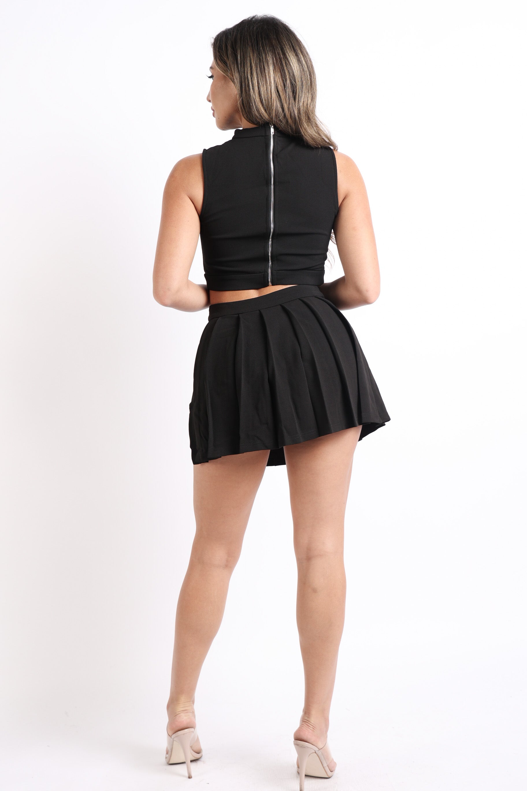 Crop Top & Thigh Belted Pleated Skater Skirt 2 Piece Set BLACK