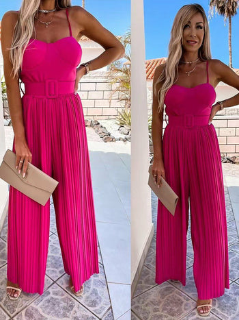 Solid Pleated Jumpsuit Loose Wide Leg Beach Romper Overall