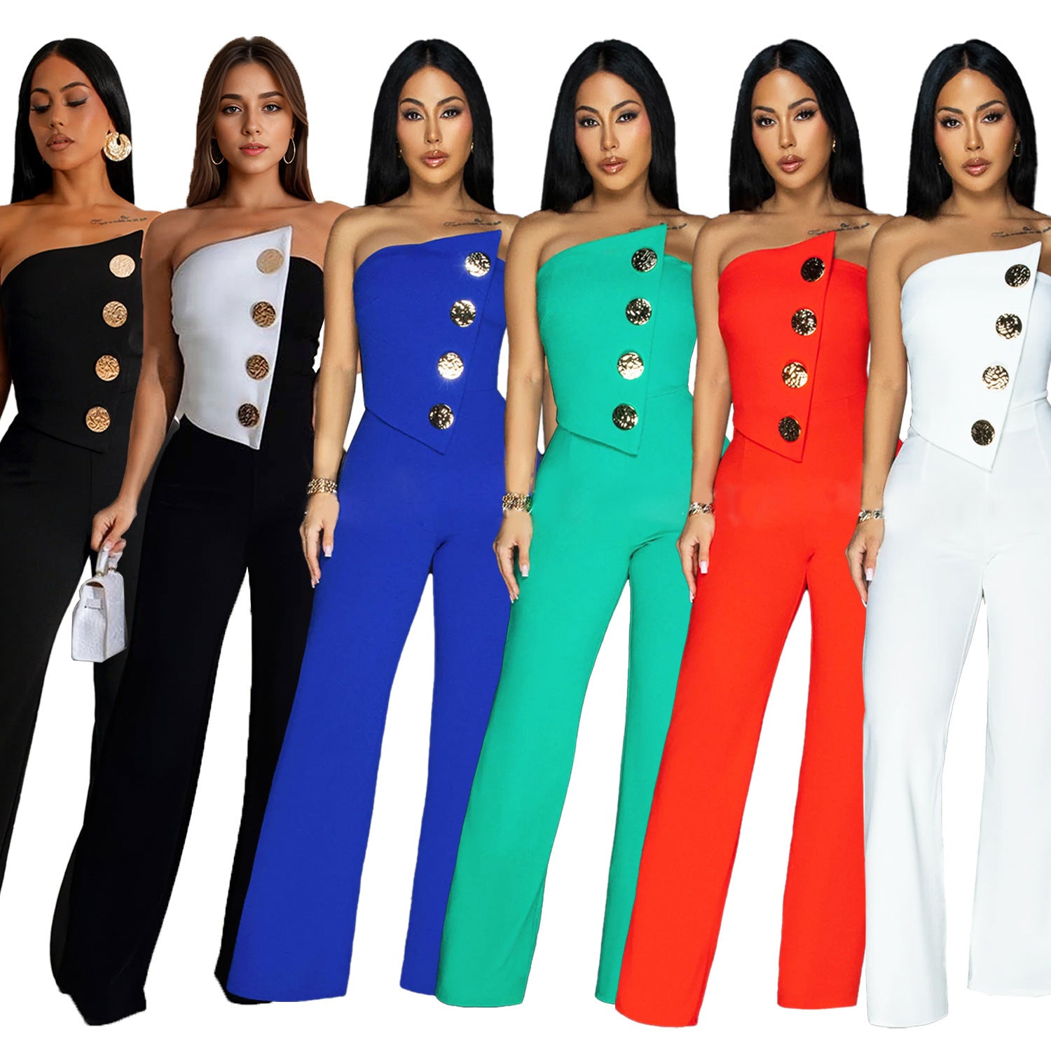European And American Fashion Women's Wear Sleeveless Button Jumpsuit Trousers